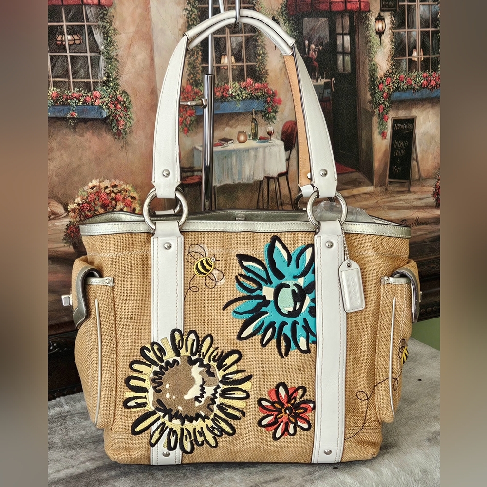 Coach Floral Canvas Tote Bag with White Trim